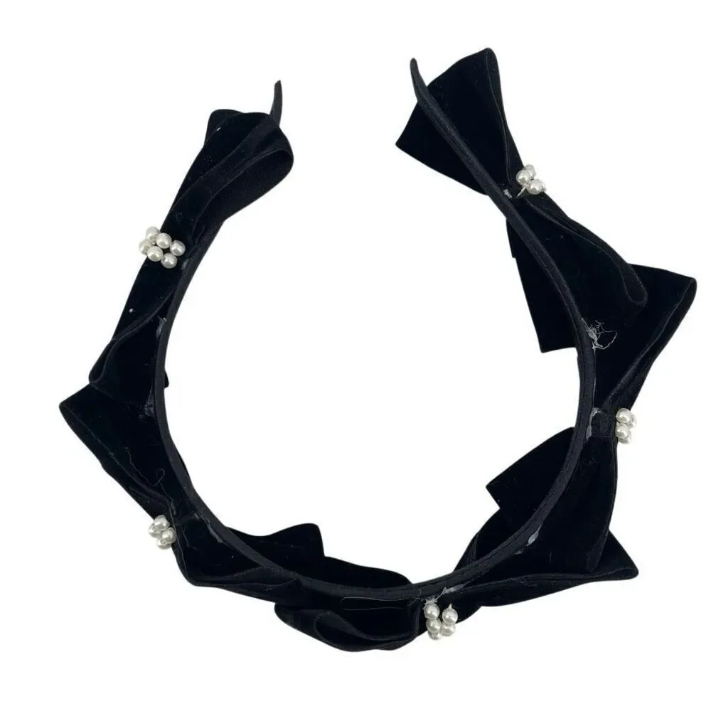 Black Velvet Bow Headband Pearl Embellished Feminine Coquette Hair Accessory